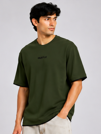 HUSTLE Men's Oversized Fit Crew Neck T-Shirt – Dark Olive Green(Oversized fit)