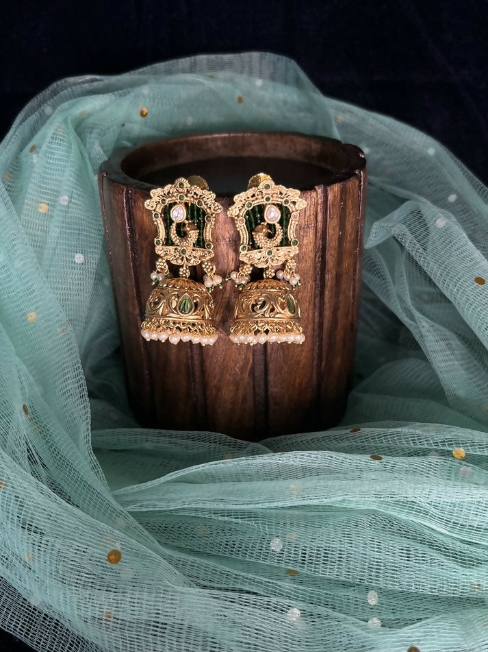 Rajwadi gold jhumka with red stones and white beads