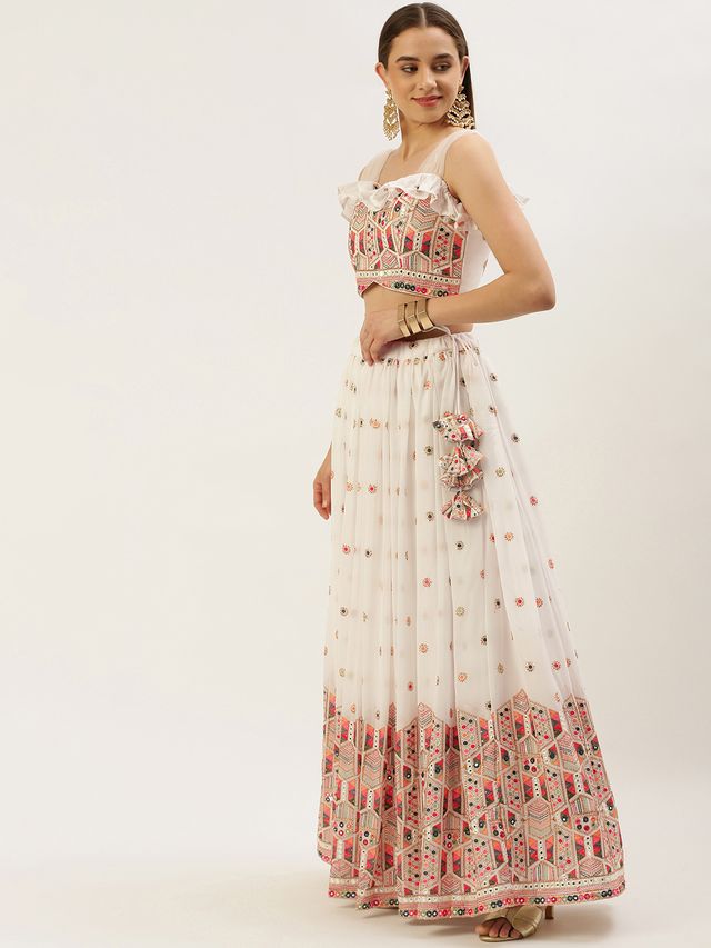 Bollywood Vogue Ready To Wear White Georgette Sequins Embroidered Lehenga
