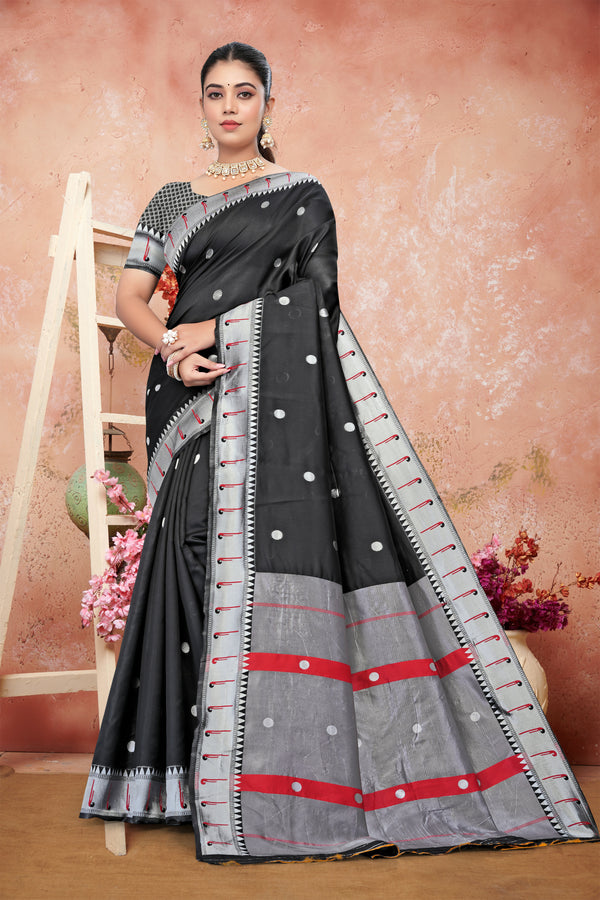 AXONIT Cultural Classic Black Cotton Saree with Elegant Silver Zari Work and Festive Red Border