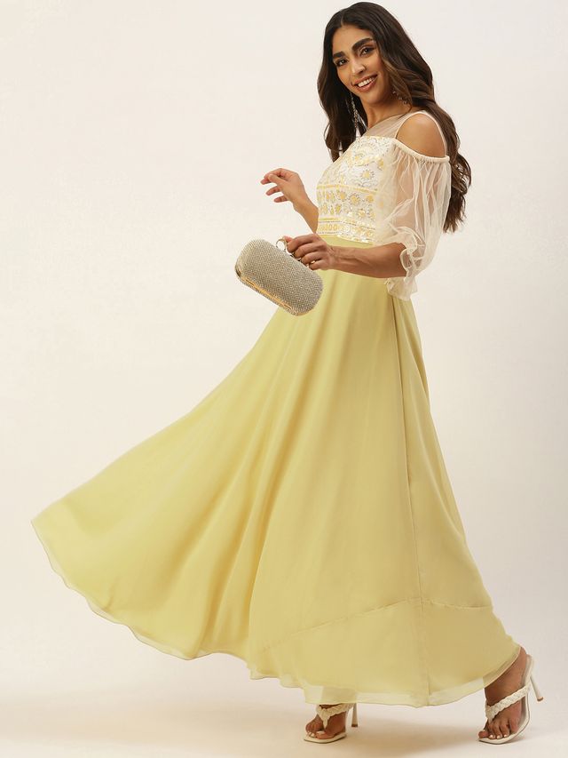 Bollywood Vogue Ready To Wear White N Beige Embroidered Sequins Gown