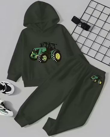 Olive Green Kids Hoodie Jogger Set with Cartoon Tractor Luck Fashion