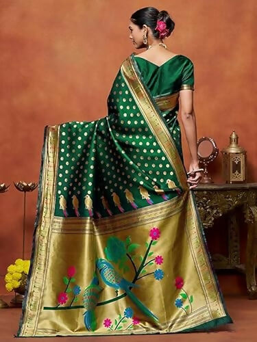 AXONIT Green Soft Silk Saree with Golden Zari Polka & Peacock Pallu