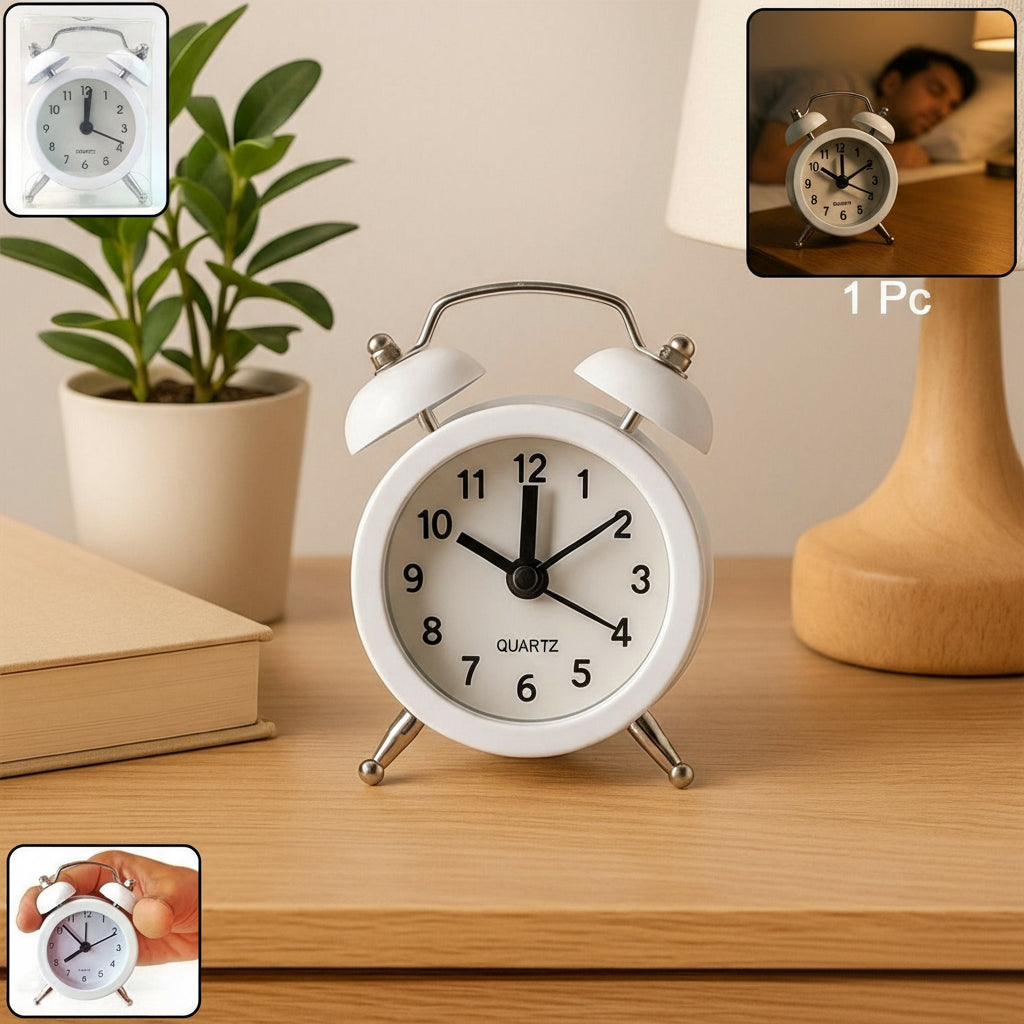 Small Classic Twin-Bell Analog Alarm Clock – Quartz Table Clock with Loud Ringer, Metal Bells & Legs - (1 Pc) HP DD