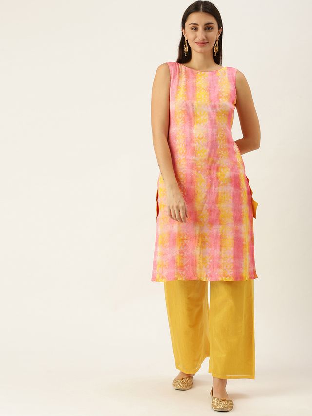 Bollywood Vogue Ready To Wear Mustard N Multicolored Embroidered Kurta Set