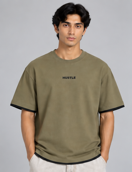HUSTLE Men's Crew Neck Oversized Tees - Dusty Olive