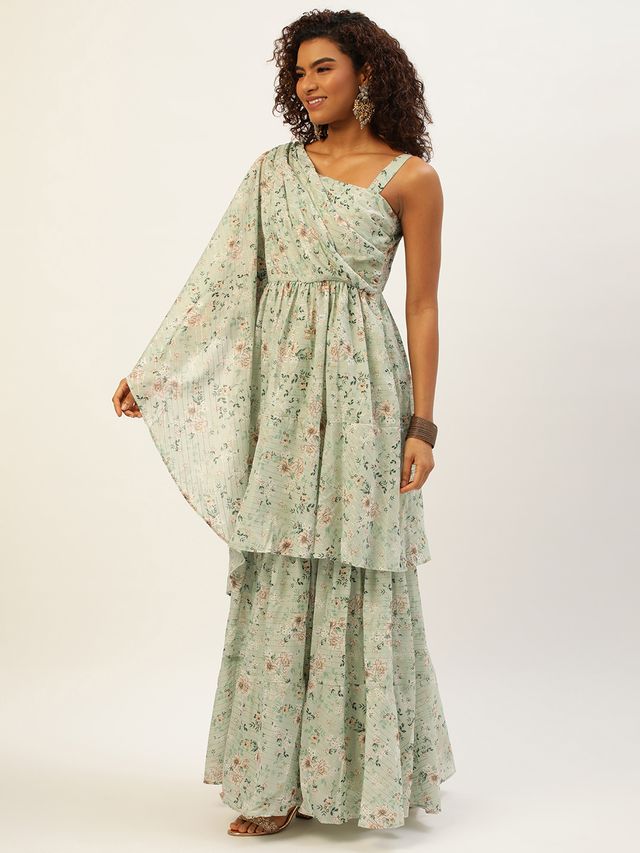 Bollywood Vogue Ready To Wear Green Muslin Digital Printed Gown