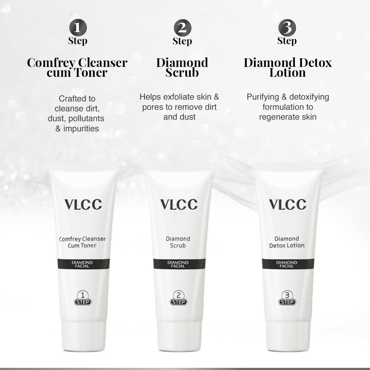 VLCC Diamond Facial Kit - 60g | Purifying with Parlour Glow | Improves Elasticity, Brightens and Helps Lighten Patchy, Damaged Skin | with Colloidal Diamond, Aloe Vera, Jojoba & Olive Oil