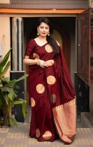 AXONIT Traditional Banarasi Silk Saree with Golden Zari Border & Pallu