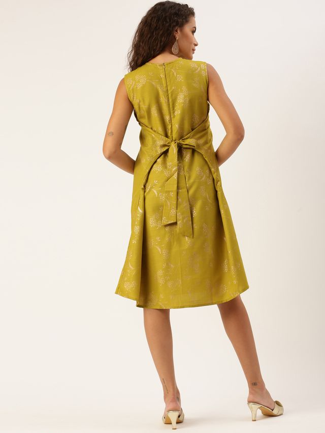 Bollywood Vogue Ready To Wear Olive Green Rayon Print Dress