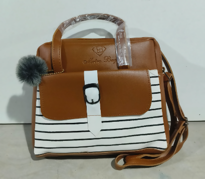 Striped Tan and White Handbag with Pom-Pom Accent For Women (TPT)