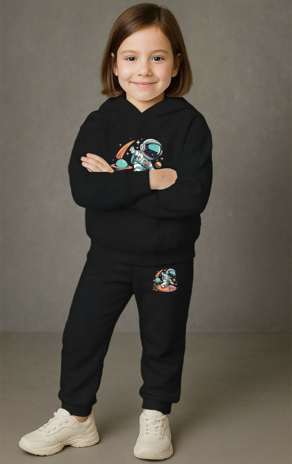 Girls' Black Cotton Blend Hoodie & Jogger Set – Surfing Astronaut in Space Galaxy Design (Ages 0-7 Years) Luck Fashion