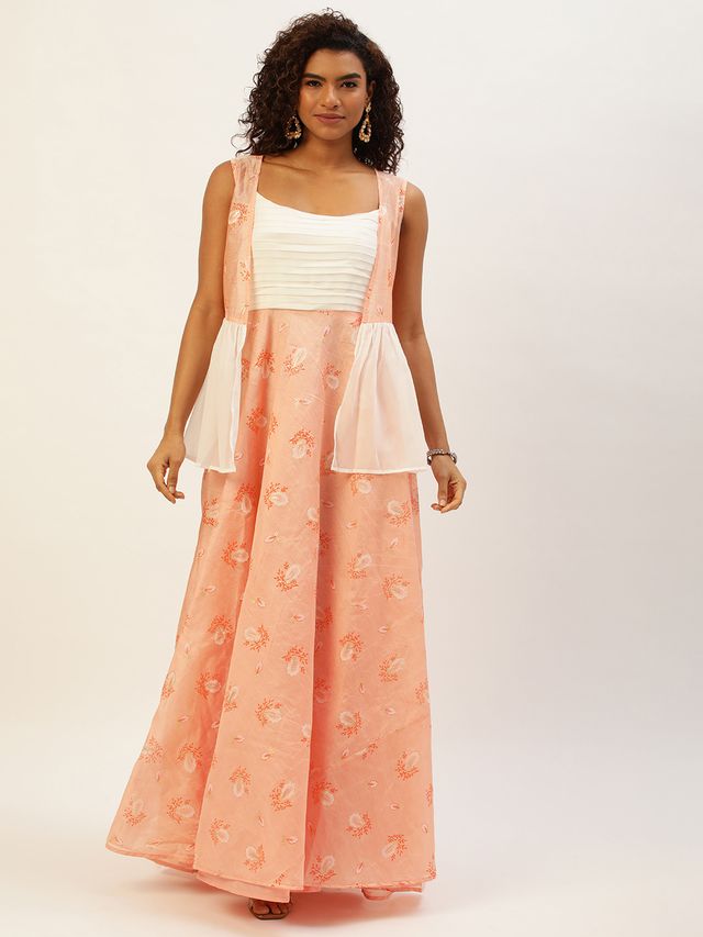 Bollywood Vogue Ready To Wear Off White N Peach Foil Printed Gown