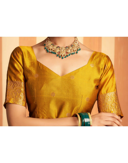 AXONIT Royal Emerald Premium Soft Silk Saree with Intricate Golden Zari Weaving and Rich Mustard-Gold Pallu