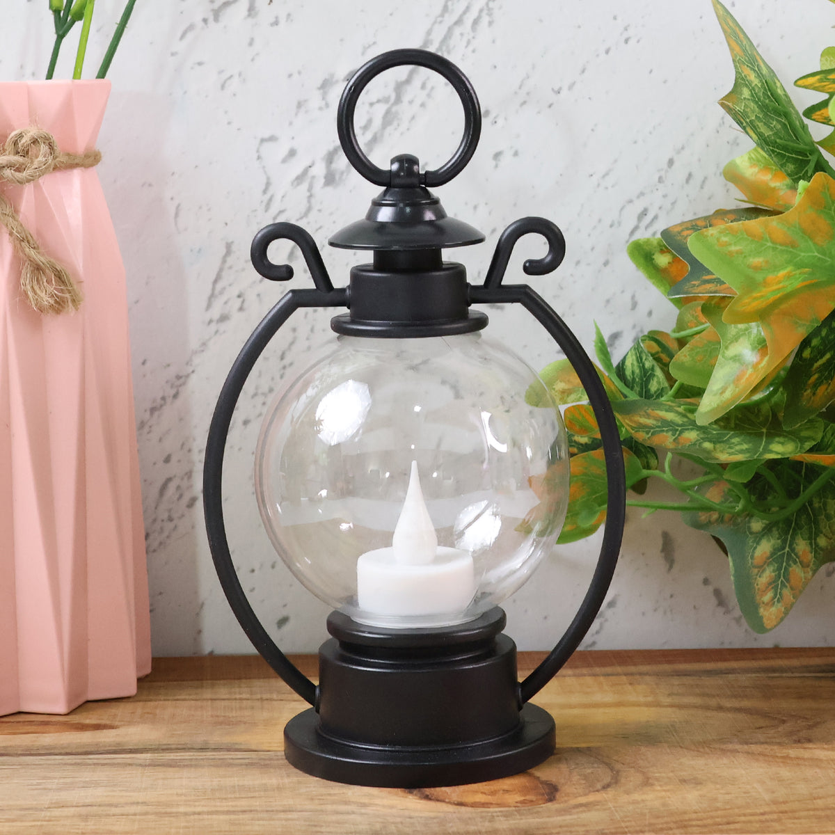 LED Storm Lantern Decorative Light – Vintage Style Round Globe LED Candle Lamp with Warm Flickering Flame Effect for Home Decor(1 Pc)