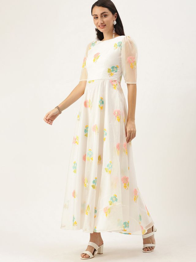 Bollywood Vogue Ready To Wear Off White Organza Ankle Length Dress