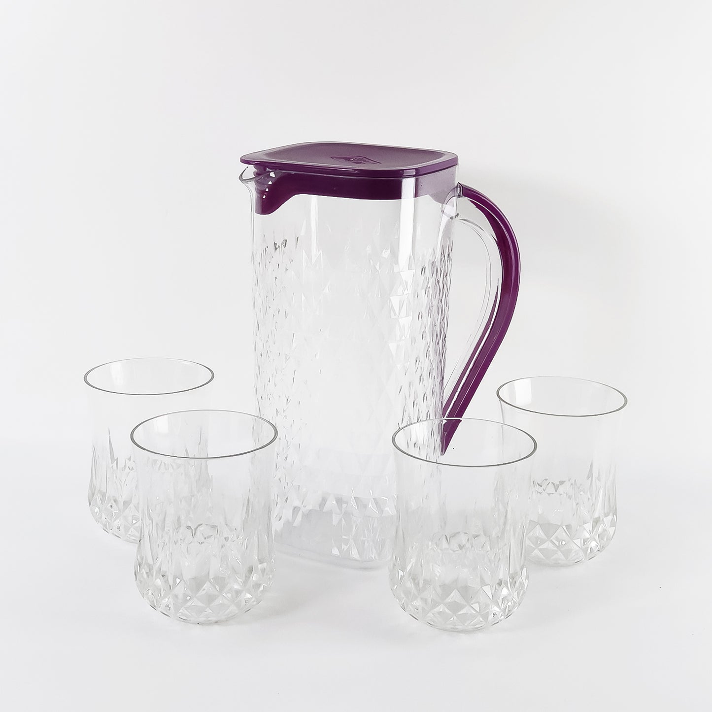 Supermom ROMA 5-Piece Diamond-Cut Plastic Jug with 4 Glasses Combo Set – 1500 ML Pitcher and 4 x 300 ML Tumblers (5 Pc)