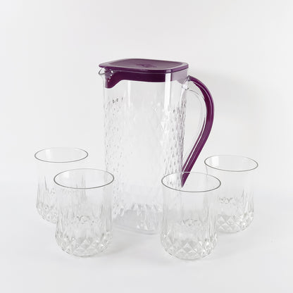 Supermom ROMA 5-Piece Diamond-Cut Plastic Jug with 4 Glasses Combo Set – 1500 ML Pitcher and 4 x 300 ML Tumblers (5 Pc)