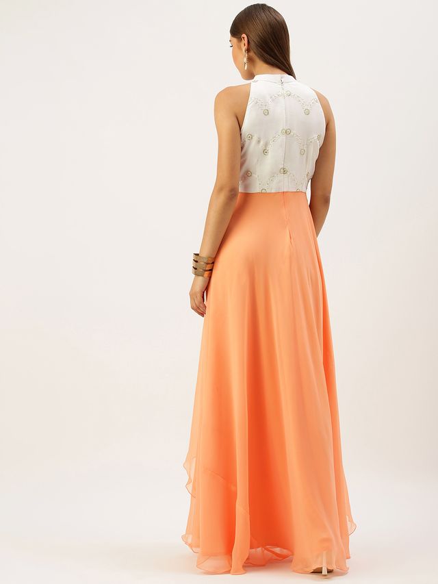 Bollywood Vogue Ready To Wear White Embroidered N Light Peach Layered Gown