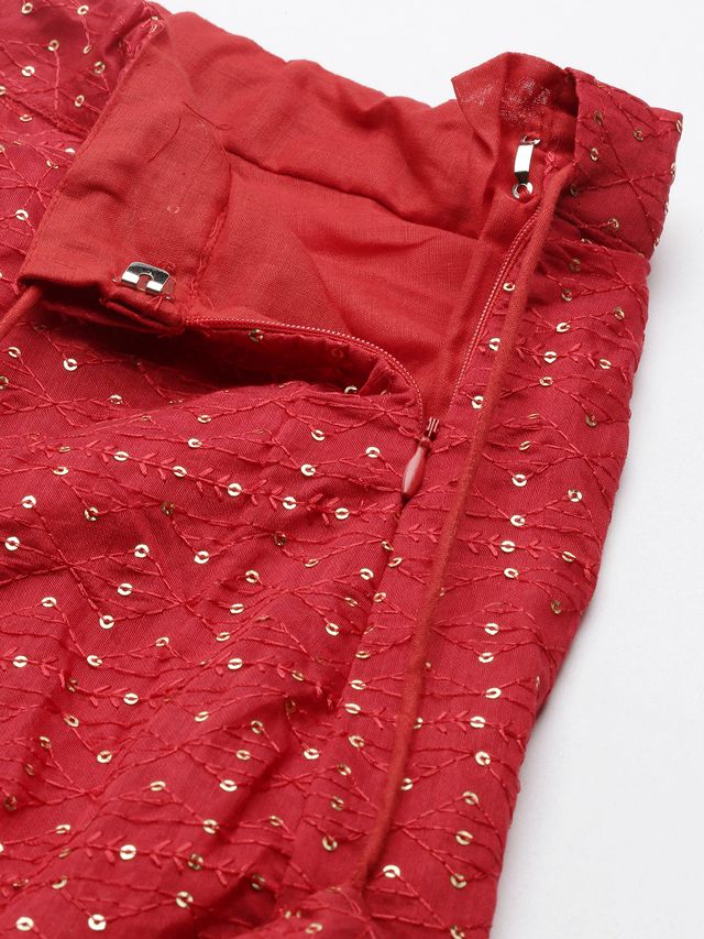 Bollywood Vogue Ready To Wear Silver N Dark Red Georgette Sequins Embroidered Lehenga