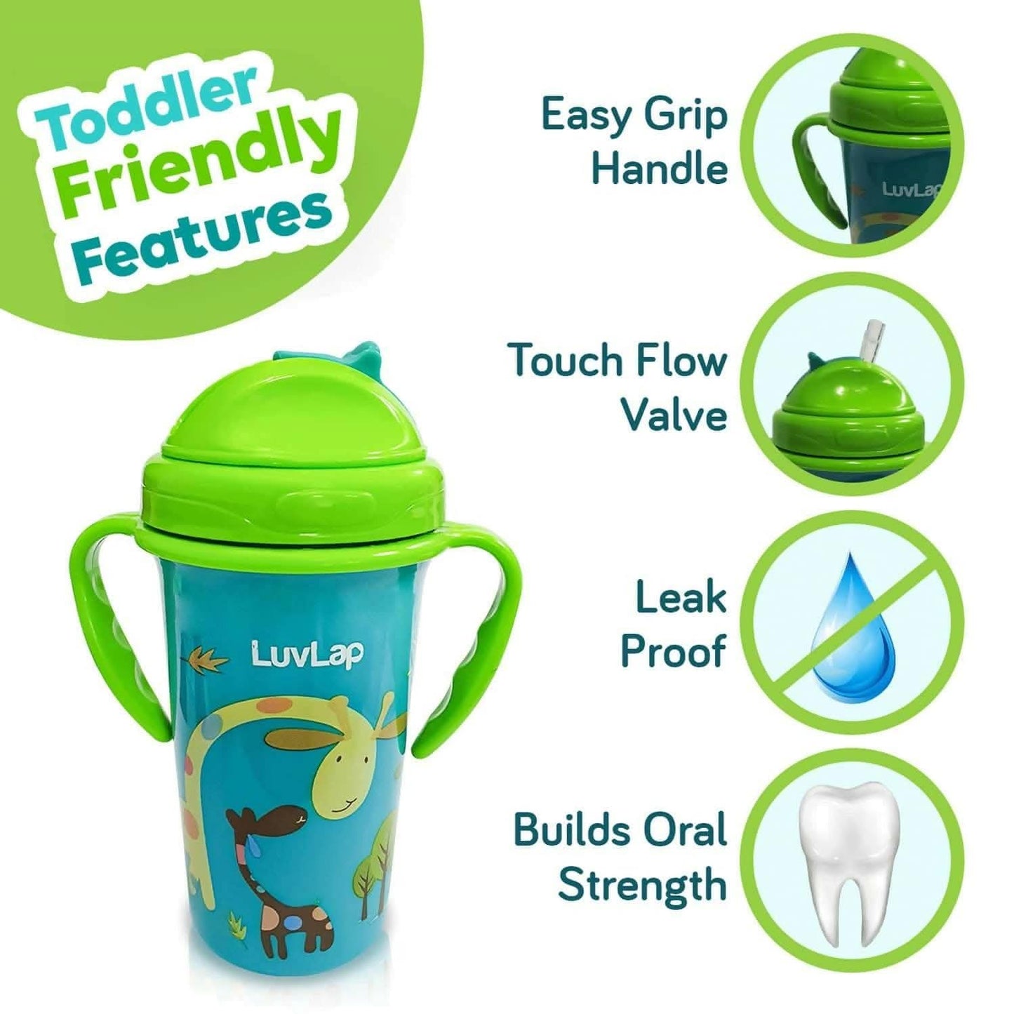 Luvlap tiny giffy soft straw sippy cup flid lid 18m+ 300ml (green) - HalfPe