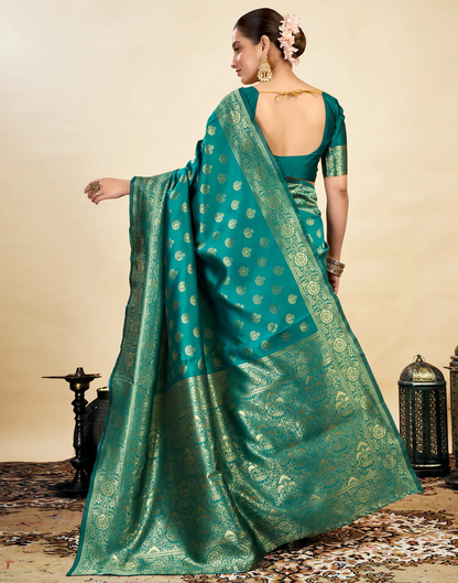 Royal Emerald Jacquard Saree with Golden Zari Work & Heavy Brocade Border
