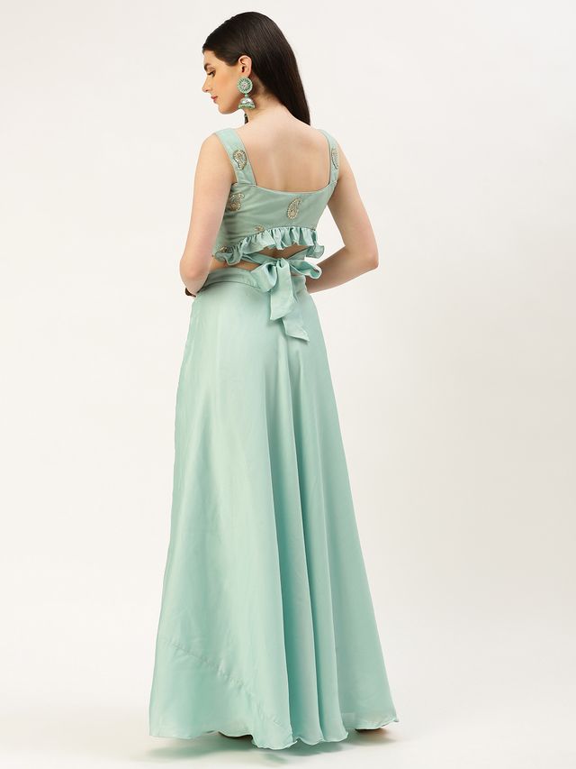 Bollywood Vogue Ready To Wear Light Blue Net Embroidered N Green Satin Skirt Set