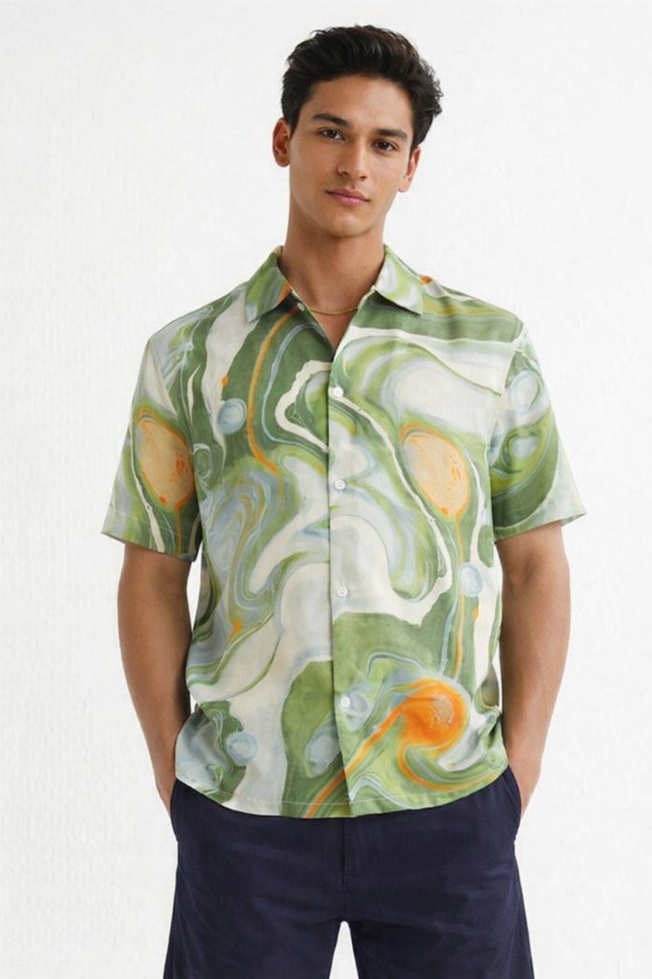 HENSHIKA Men's Casual Half Sleeve Printed Shirt - Relaxed Fit Cotton B