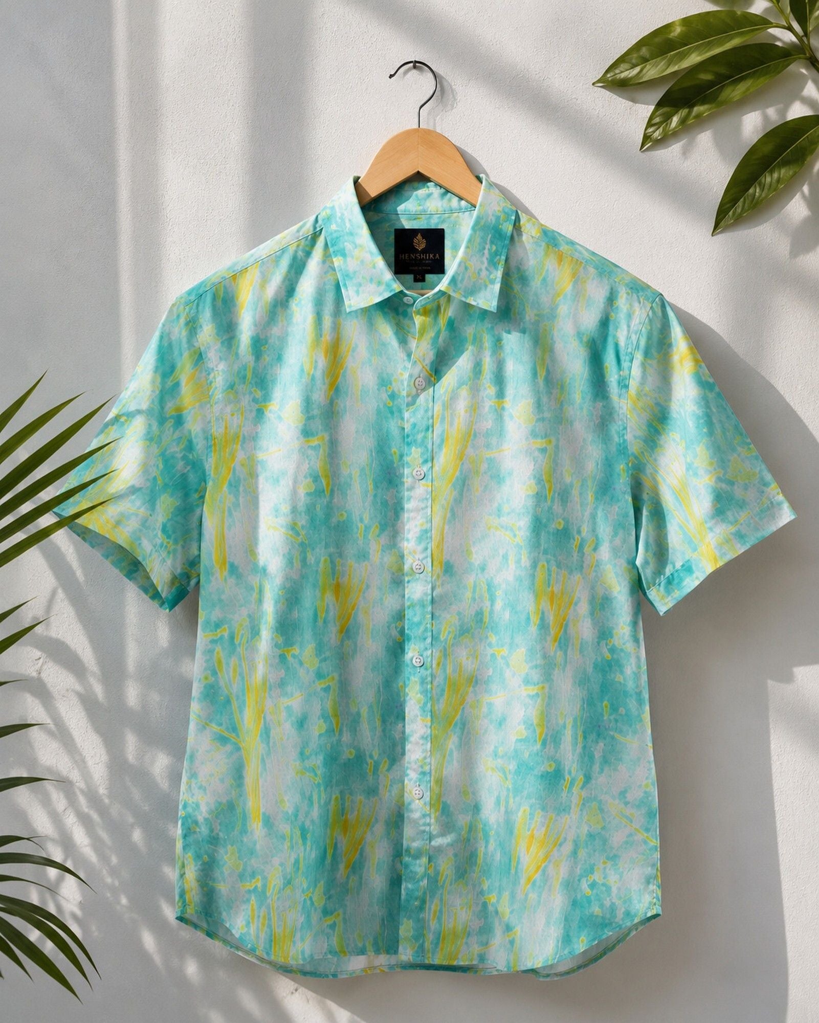 HENSHIKA Men's Casual Half Sleeve Printed Shirt - Relaxed Fit Cotton Blend - Blue Tie-Dye - View 6