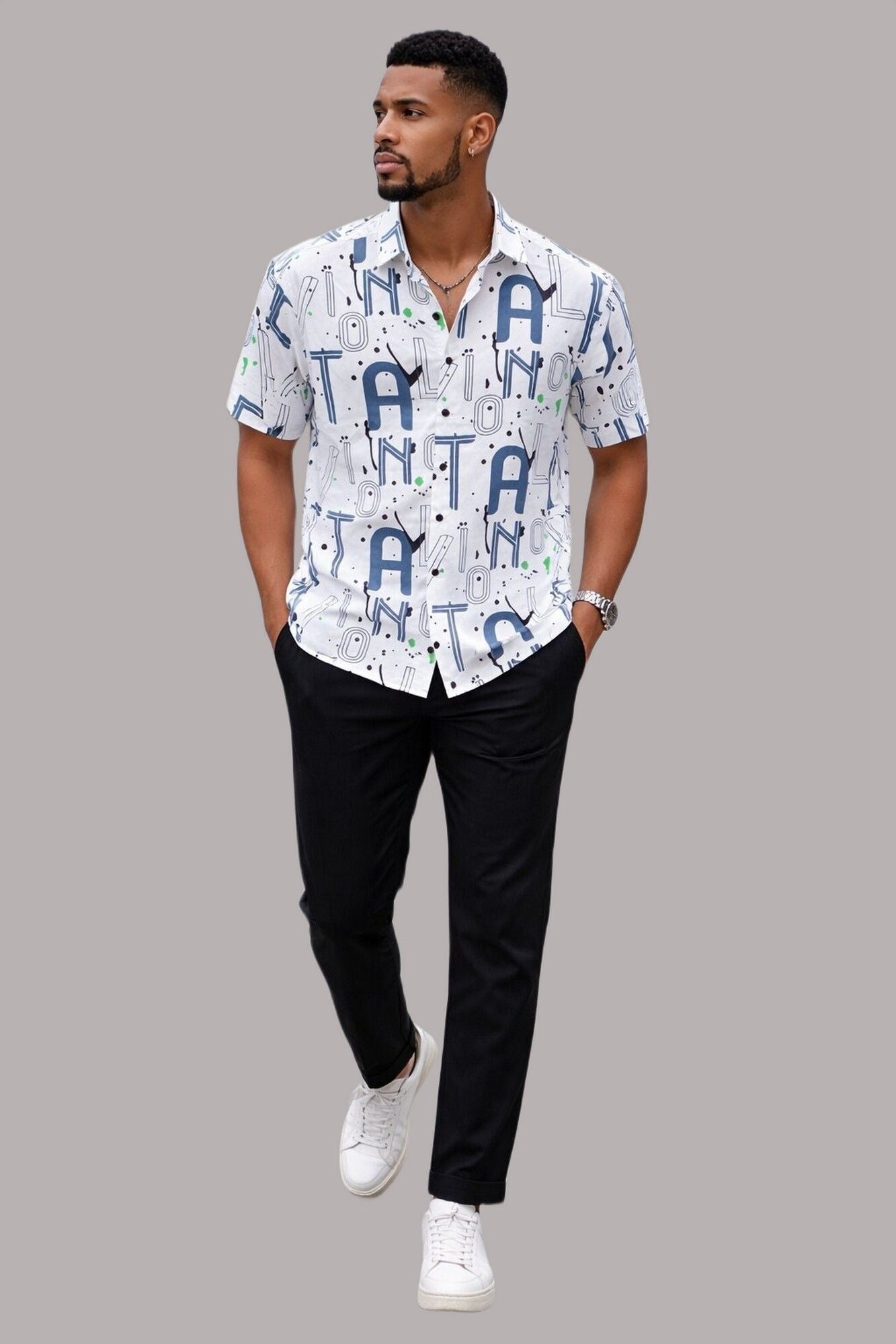 HENSHIKA Men's Casual Half Sleeve Printed Shirt - Relaxed Fit Cotton Blend - White Typography - View 5