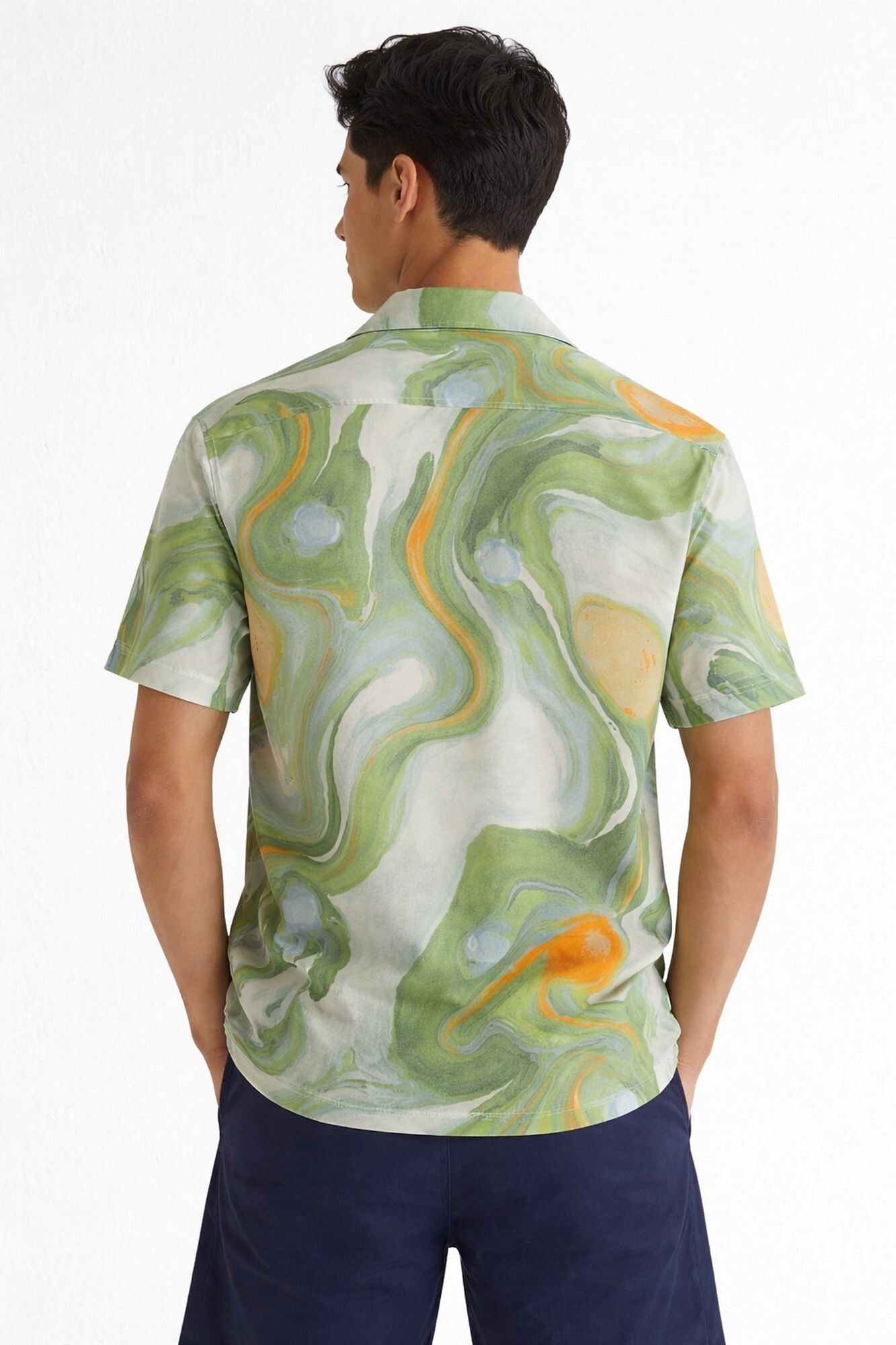 HENSHIKA Men's Casual Half Sleeve Printed Shirt - Relaxed Fit Cotton Blend - Green Abstract - View 2