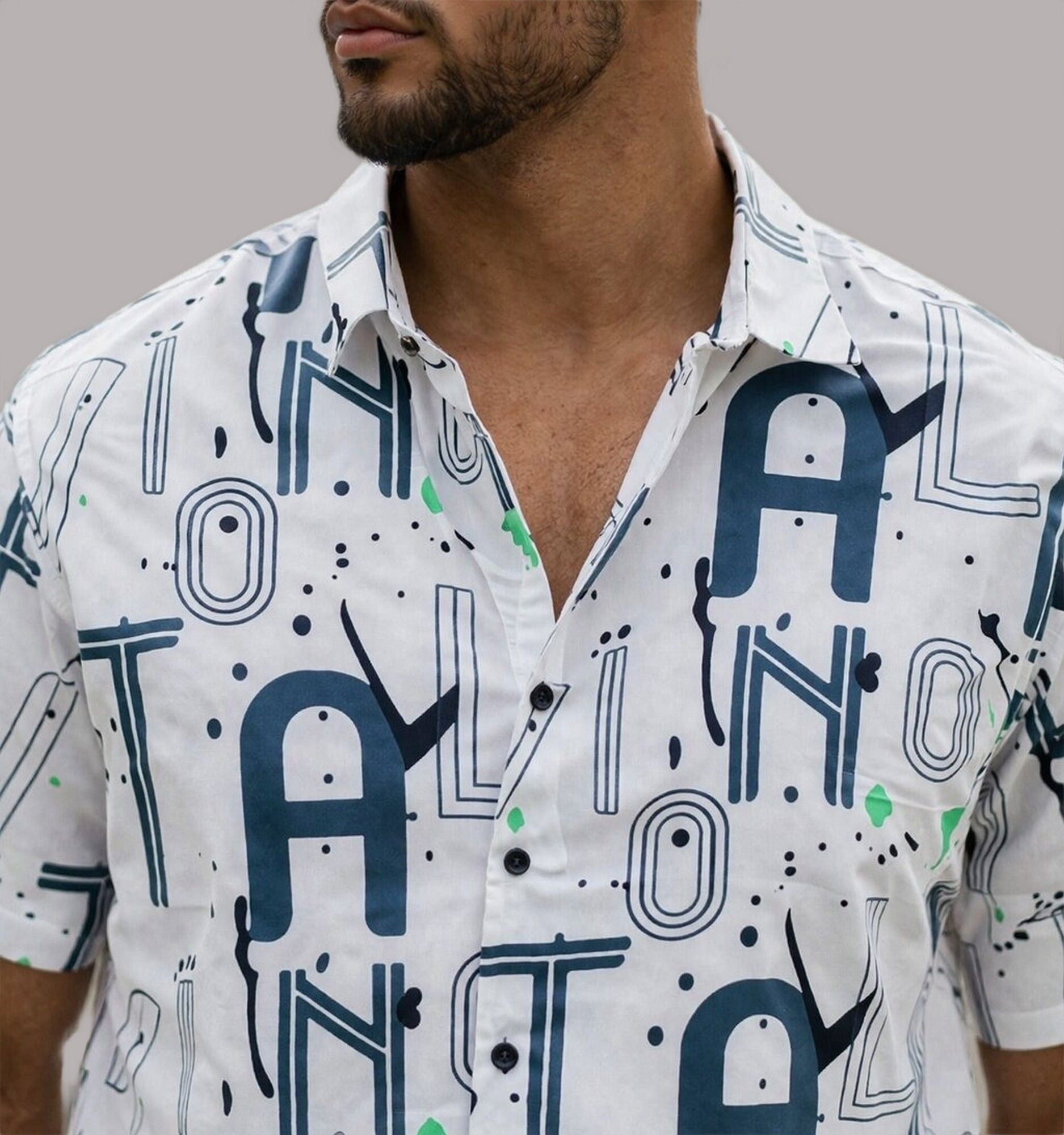 HENSHIKA Men's Casual Half Sleeve Printed Shirt - Relaxed Fit Cotton Blend - White Typography - View 3