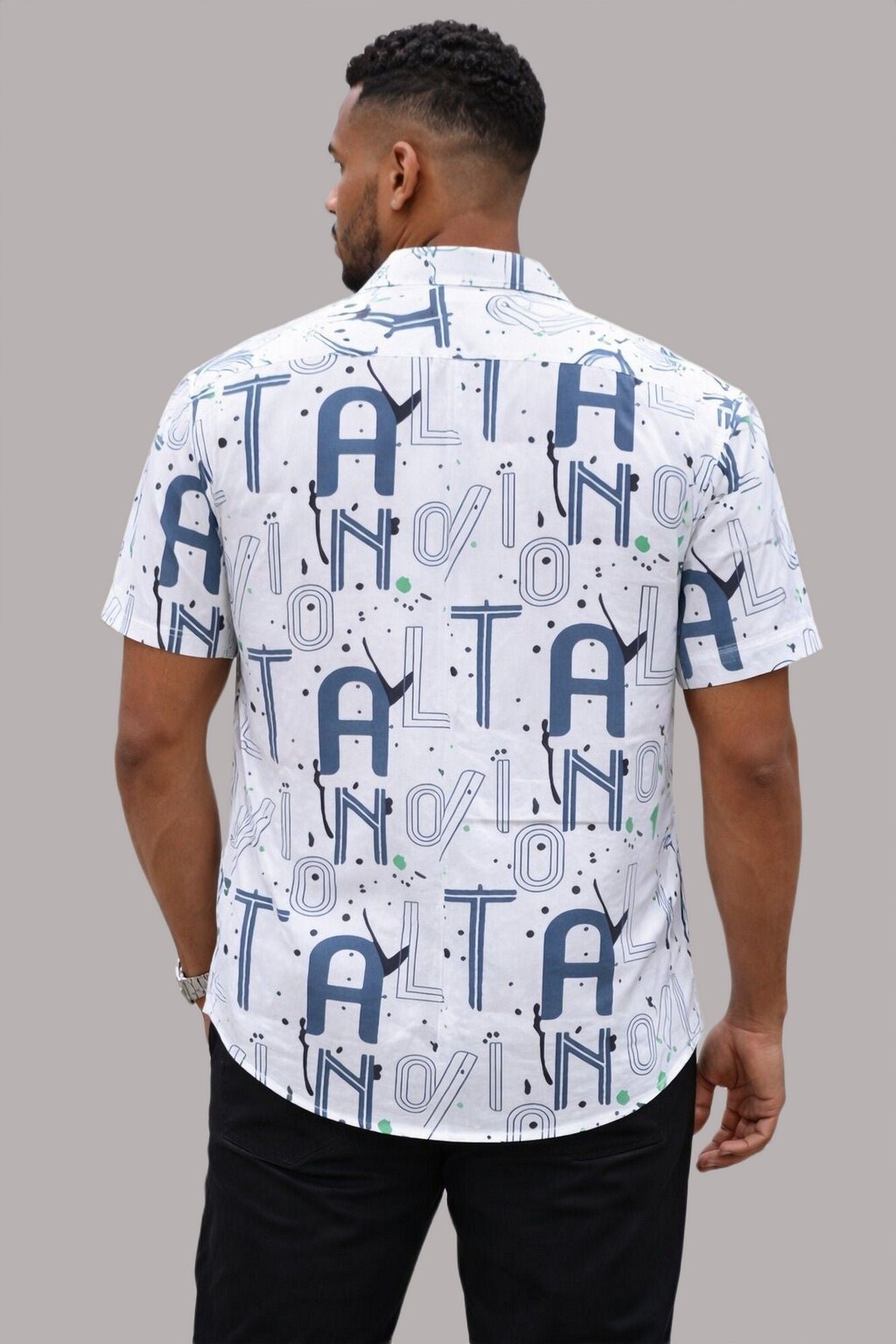 HENSHIKA Men's Casual Half Sleeve Printed Shirt - Relaxed Fit Cotton Blend - White Typography - View 2