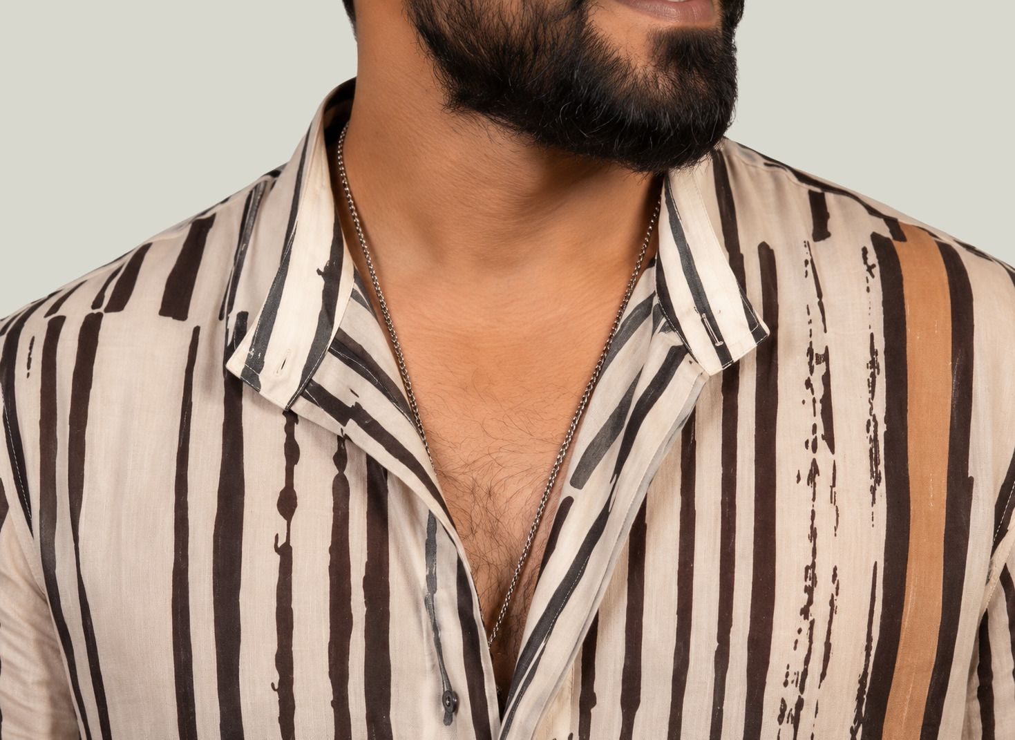 AKSK Men Abstract Stripe Print Shirt | Beige Multicolor Casual Fu – View 3