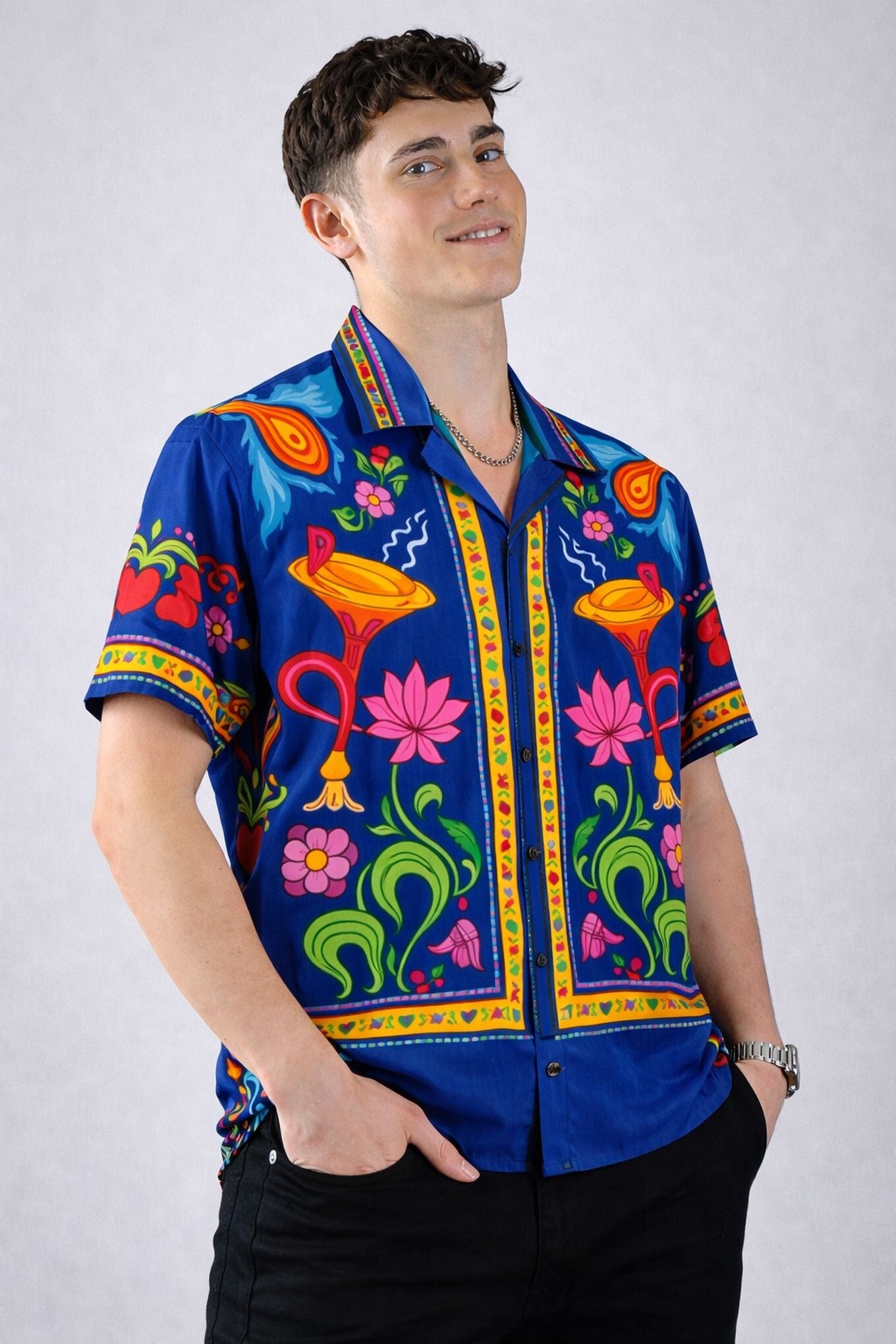 HENSHIKA Men's Printed Half Sleeve Casual Shirt | Raja Saab Blue Ethn – View 3