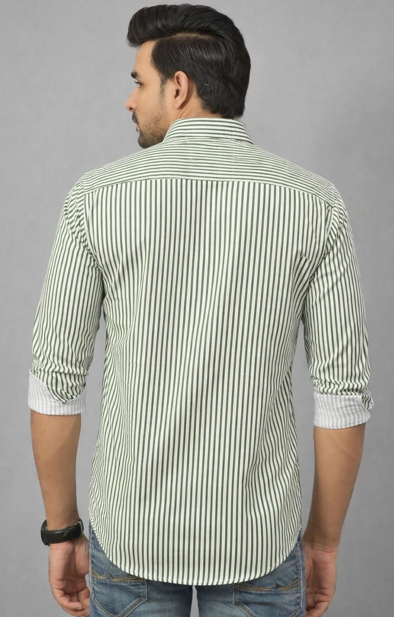 Henshika Men Striped Casual Full Sleeve Shirt – Small Line – Green::White - View 3
