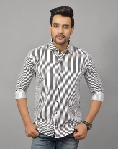 Henshika Men Striped Casual Full Sleeve Shirt – Small Line – Black::White - View 2