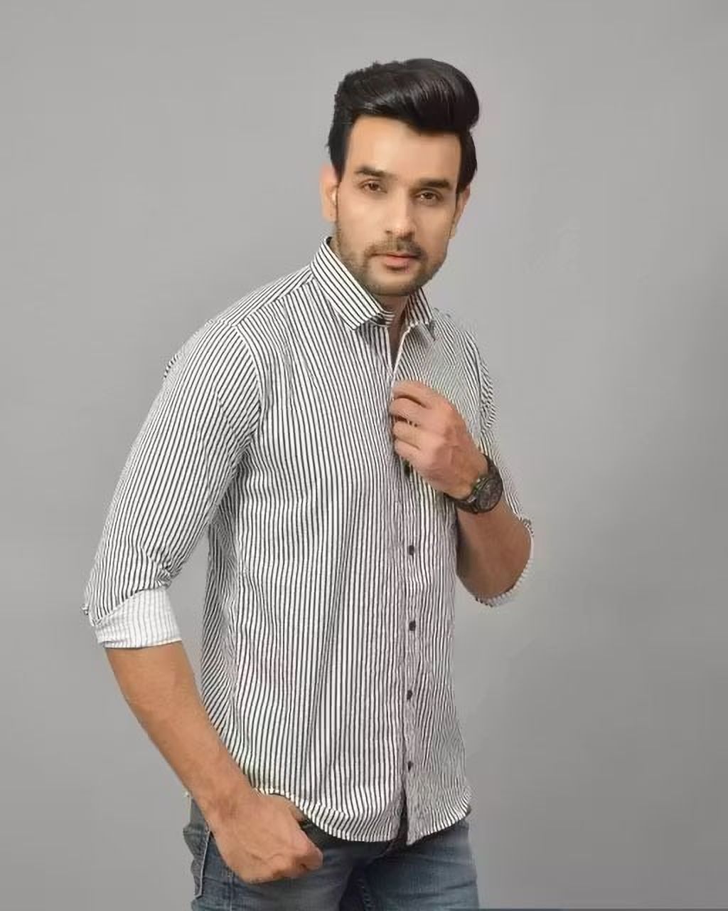 Henshika Men Striped Casual Full Sleeve Shirt – Small Line – Black::White - View 3