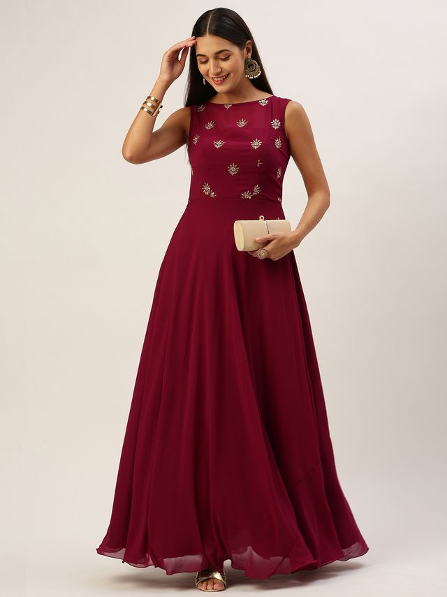 Bollywood Vogue Ready To Wear Magenta Georgette Embroidered Boat Neck Gown