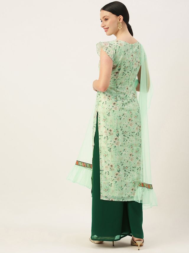 Bollywood Vogue Ready To Wear Green Muslin Print N Green Georgette palazzo Suit