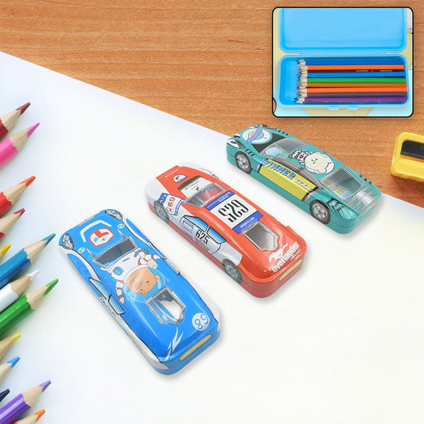 Car-Shaped Metal Compass Pencil Box for Kids – Double Case Stationery Gift (1 Pc, Mix Color)