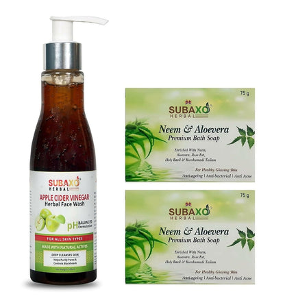 Subaxo Neem & Aloevera Bath Soap (75 g Each, Pack Of 2) & Apple Cider Vinegar Deep Cleansing Skin Glowing Face Wash(200ml) - HalfPe