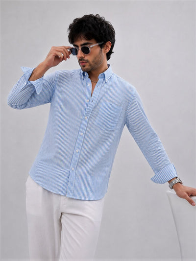 HENSHIKA Men's Pure Cotton Blue Striped Casual Shirt - Front View