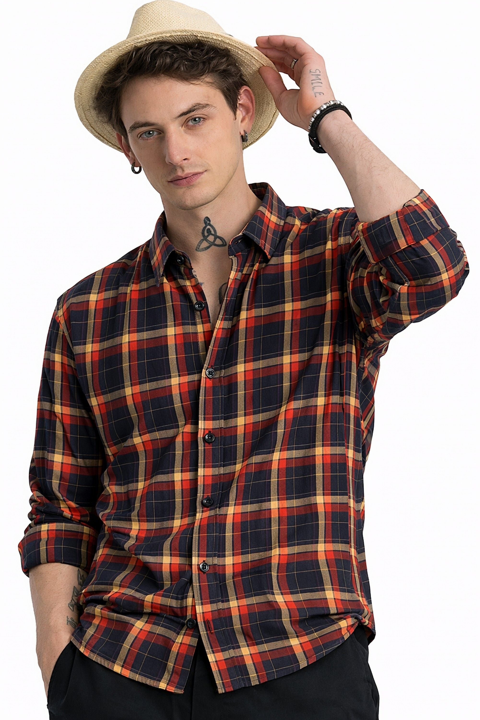 Henshika Men Printed Striped Casual Full Sleeve Shirt – Raja – Red&Black - Front View