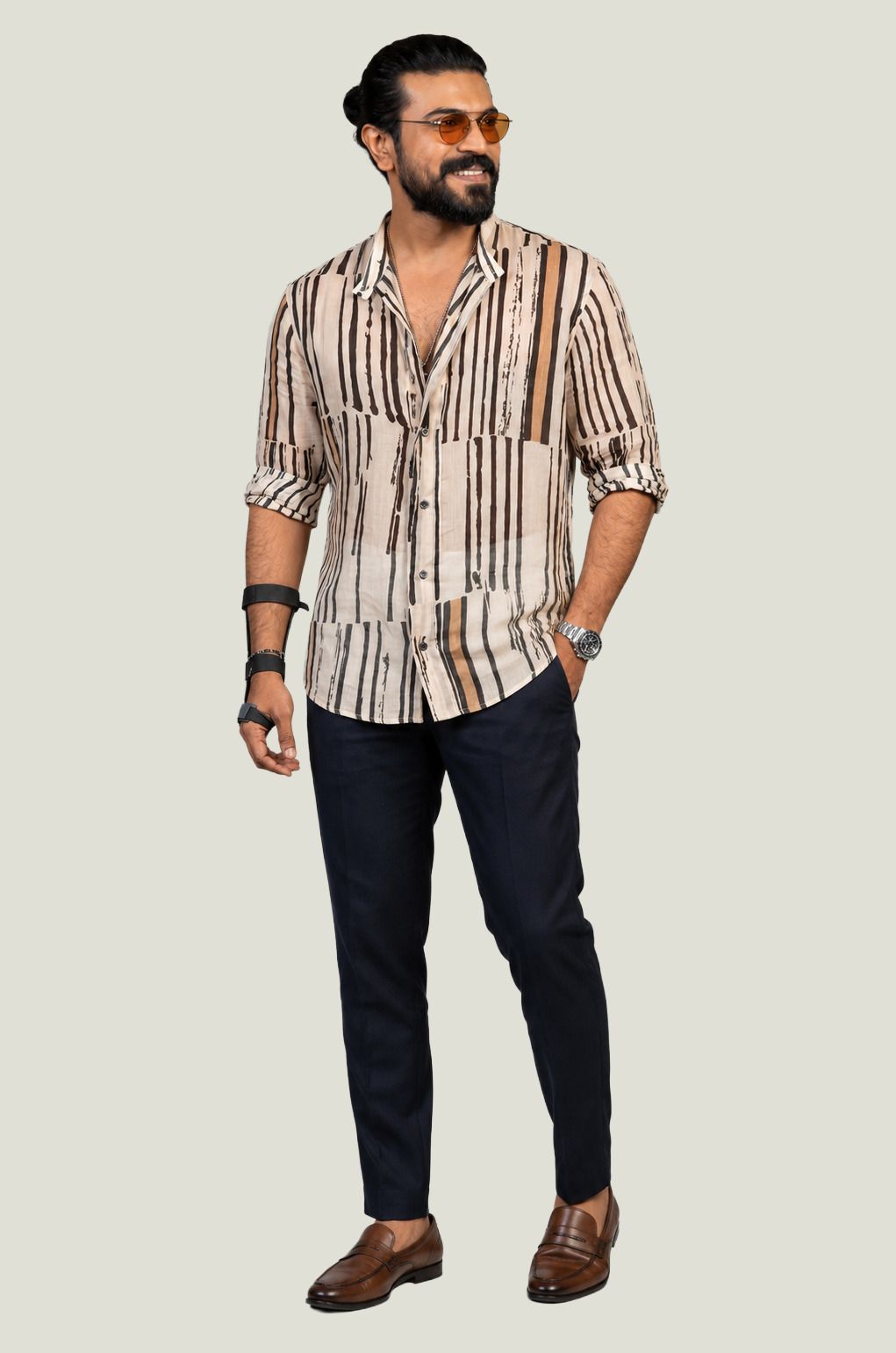 AKSK Men Abstract Stripe Print Shirt | Beige Multicolor Casual Fu – View 4