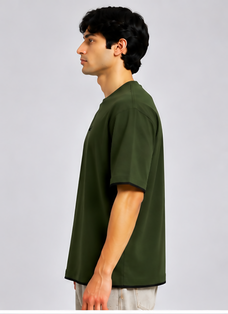 HUSTLE Men's Oversized Fit Crew Neck T-Shirt – Dark Olive Green(Oversized fit)