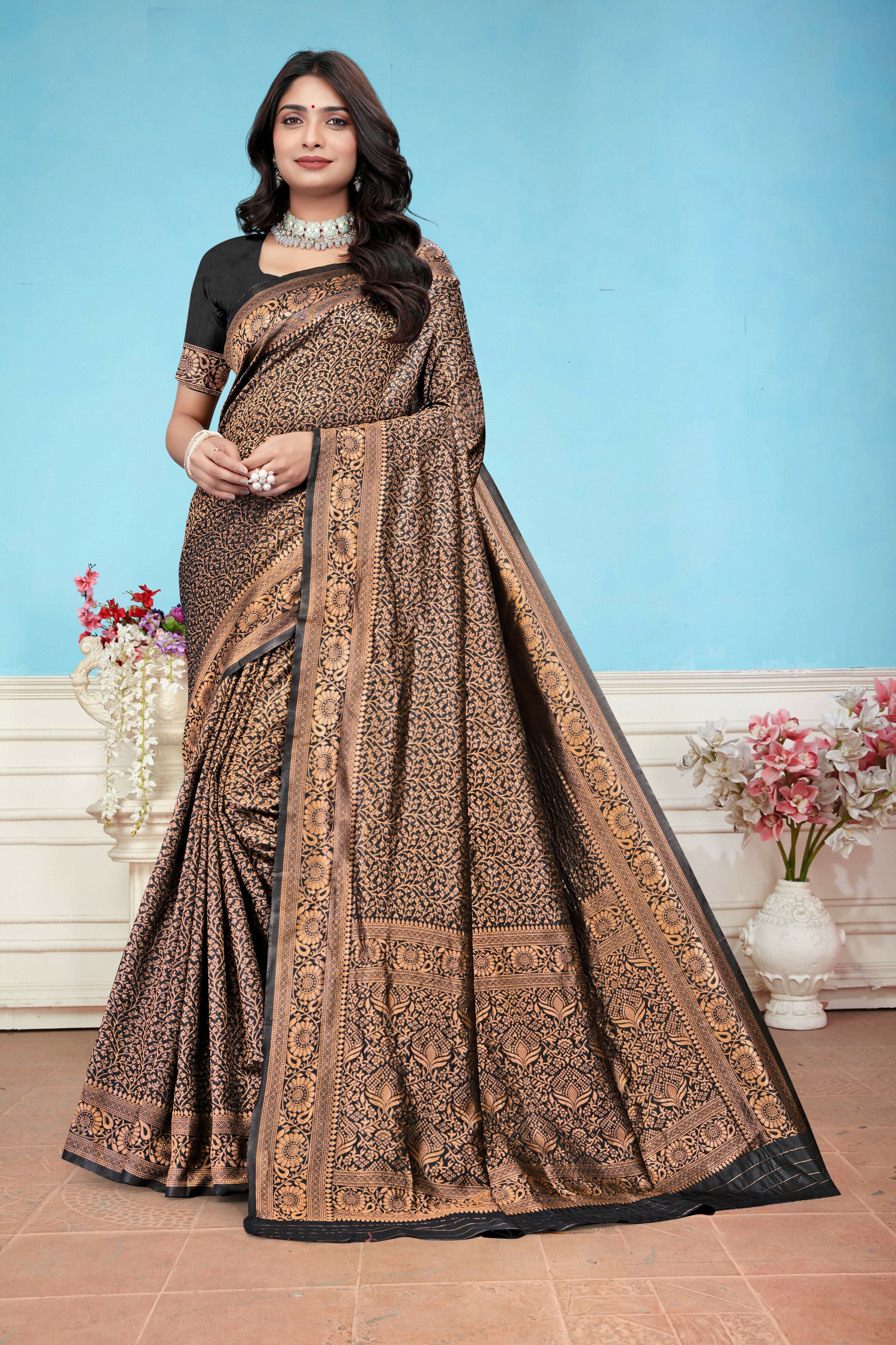 AXONIT Regal Black Banarasi Silk Saree with Floral Antique Zari Weave