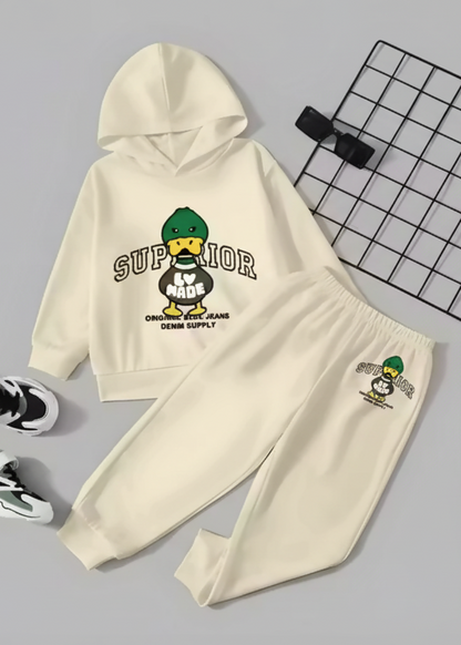 Kids Hooded Sweatshirt & Jogger Set – Superior Duck Print Casual Wear (Cream) Luck Fashion