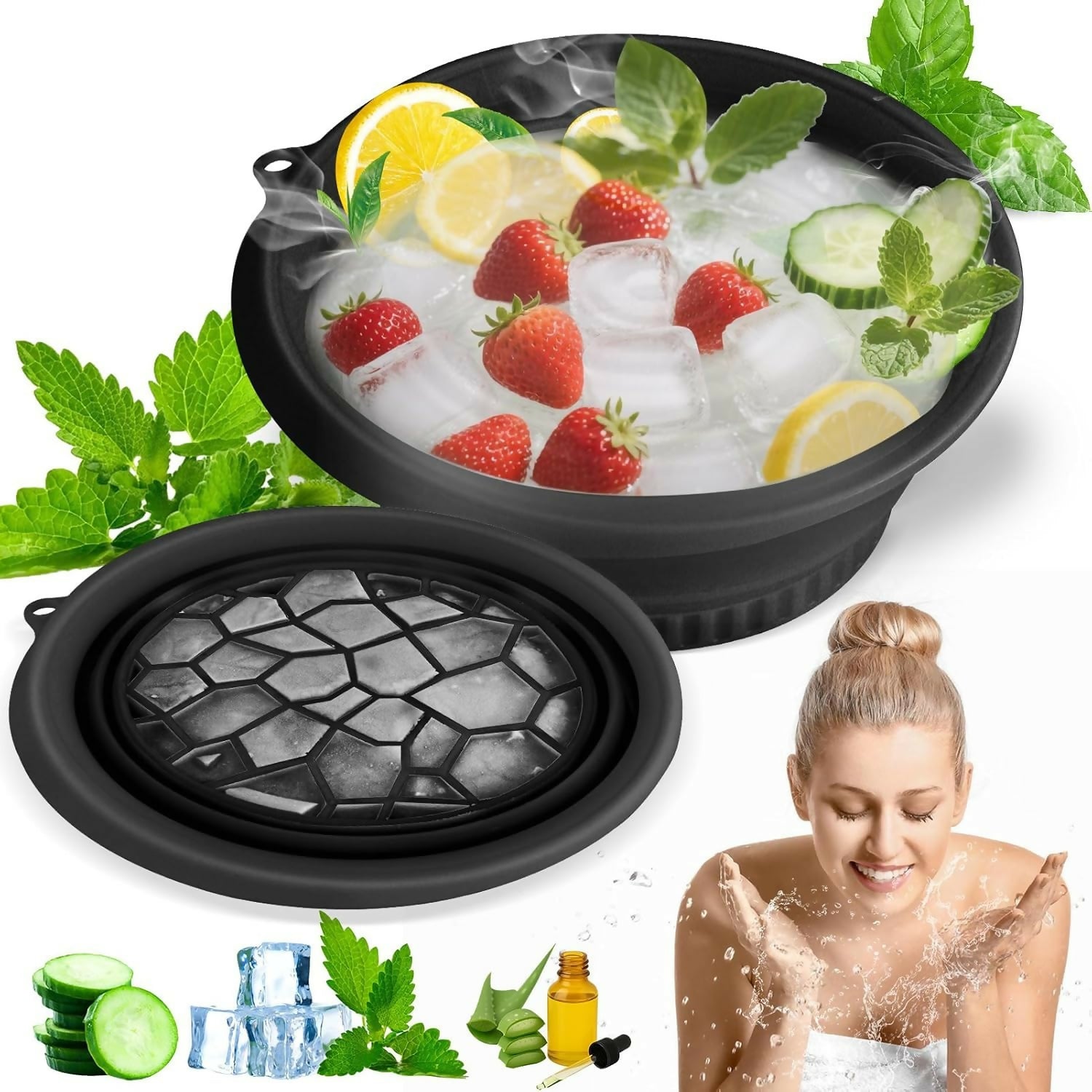 Face Bowl for Ice with Built-in Icetray, Portable Foldable Silicone Ice Facial Bowl, for Home Ice Bath Facial Plunge Bowl, Black