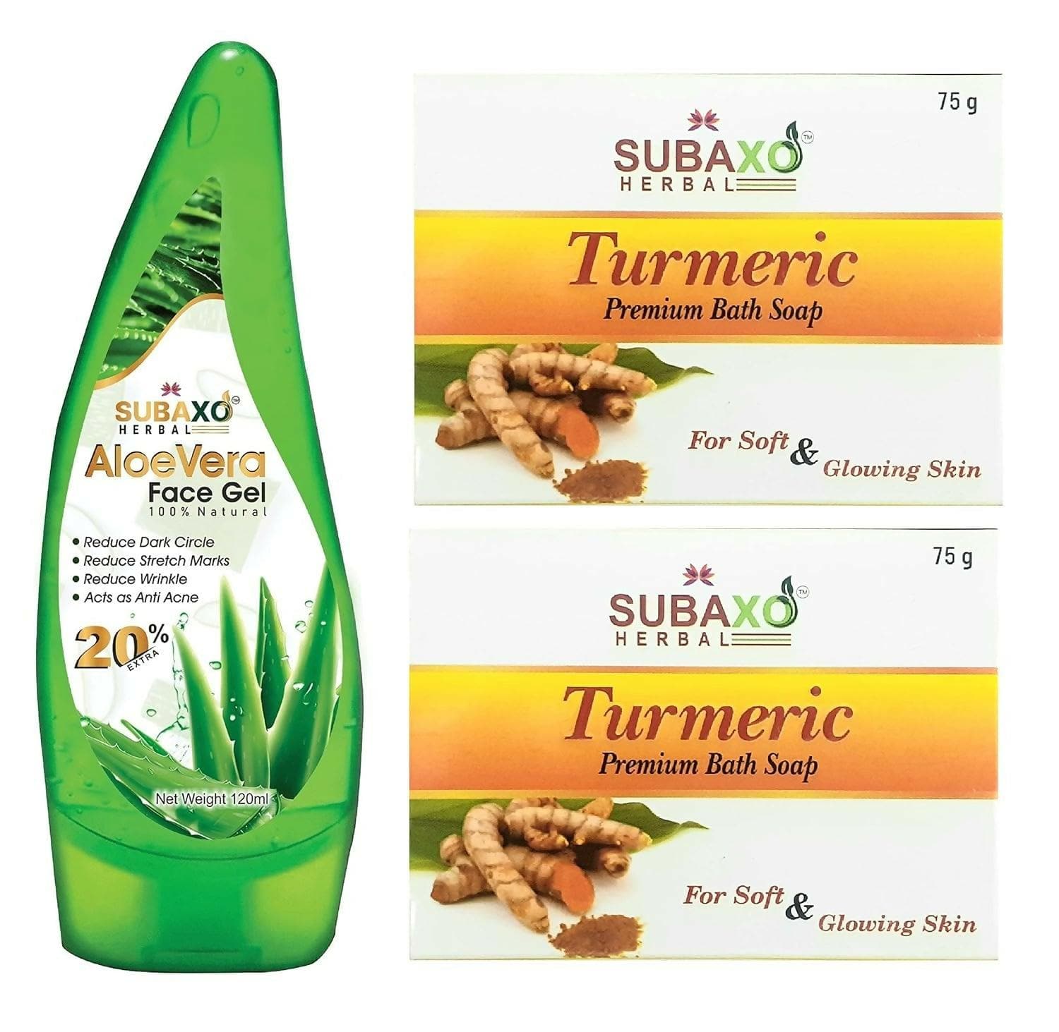 Subaxo Turmeric Bath Soap (75g Each, Pack Of 2) Combo & Aloe Vera Herbal Face Gel(120 ml) - HalfPe